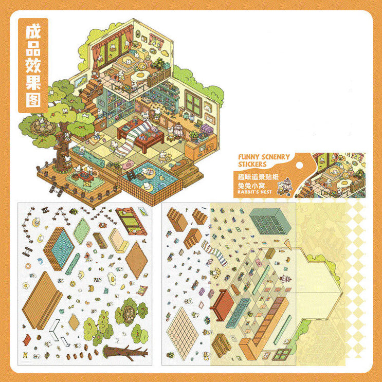 DIY 3D Sticker Scene: Lawn Wedding Island Villa Pillow House Chinese Architecture
