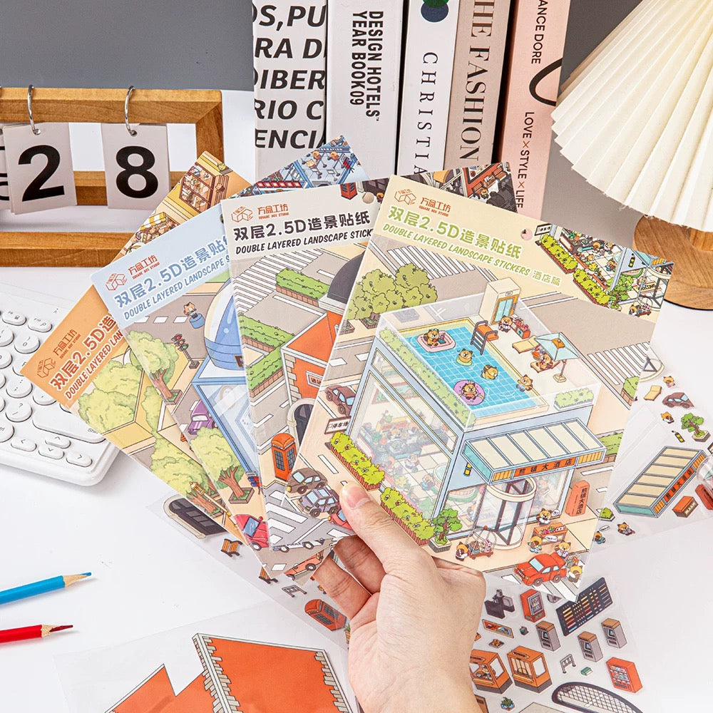Double Layerd Landscape Stickers DIY Buffet Police Station Train Station Hotel