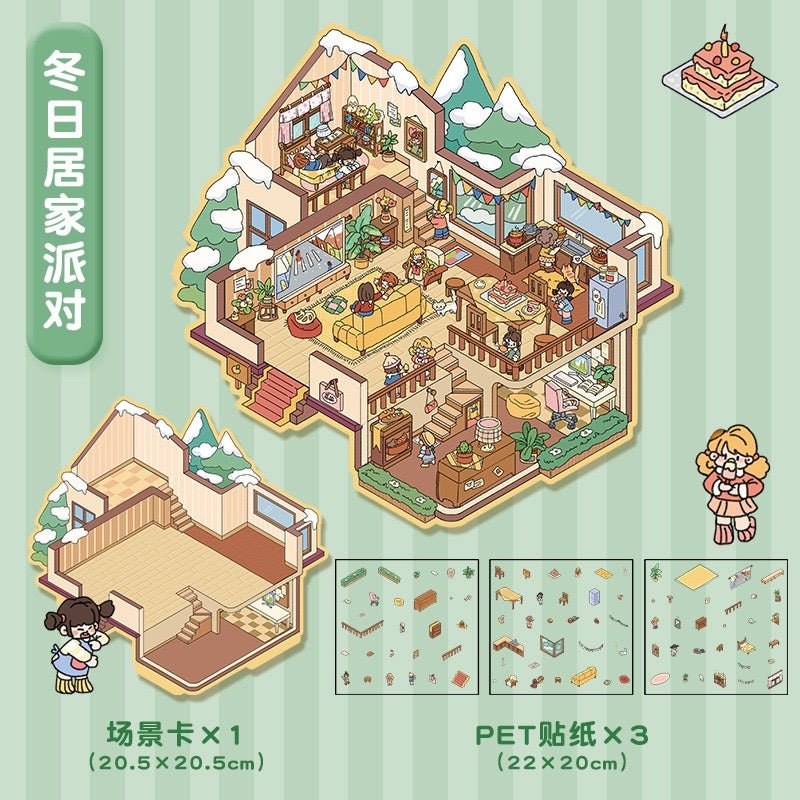 DIY 3D House Scene Sticker Shared House Winter Villa Retro House Leisure Time