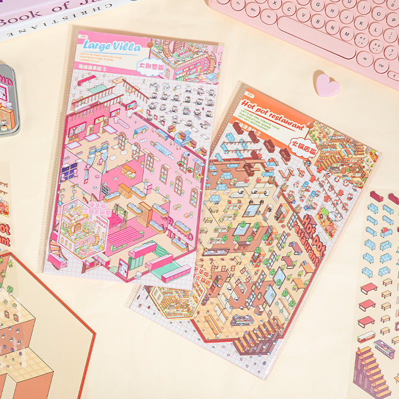 Big Sticker Scene! DIY 3 Story Super Market Book Shop 3D Miniature Sticker