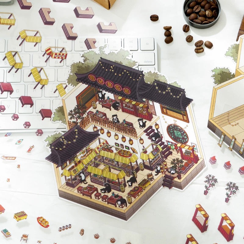 Panda Cat Chinese Architecture 3D Scene Sticker Sheet Big Size
