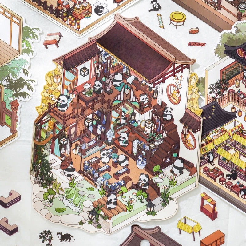 Panda Cat Chinese Architecture 3D Scene Sticker Sheet Big Size