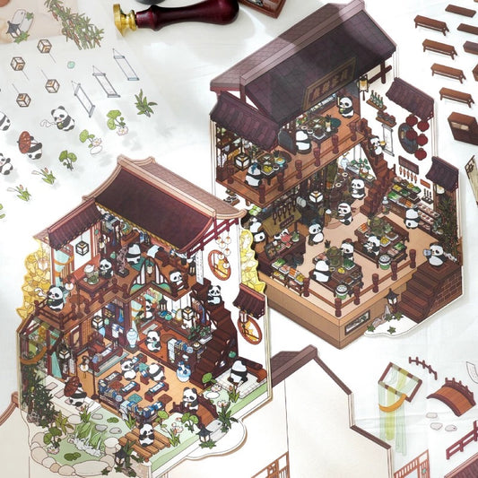 Panda Cat Chinese Architecture 3D Scene Sticker Sheet Big Size
