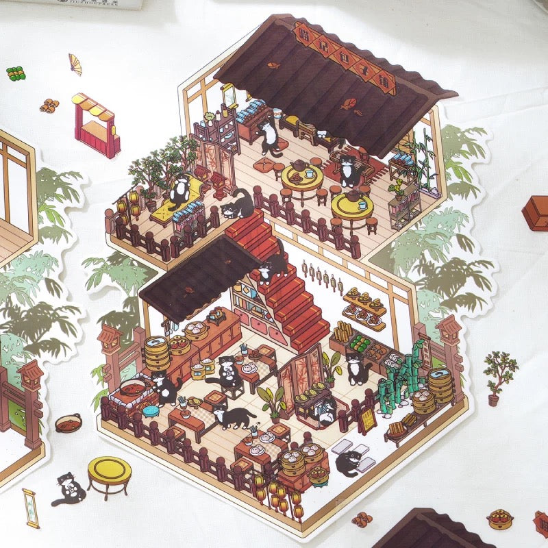 Panda Cat Chinese Architecture 3D Scene Sticker Sheet Big Size