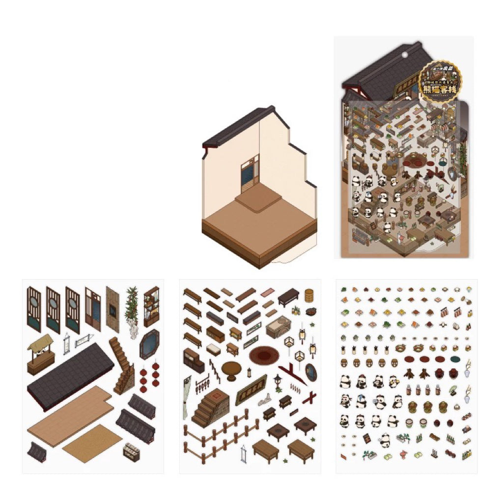 Panda Cat Chinese Architecture 3D Scene Sticker Sheet Big Size