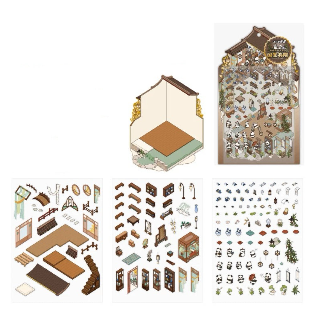 Panda Cat Chinese Architecture 3D Scene Sticker Sheet Big Size
