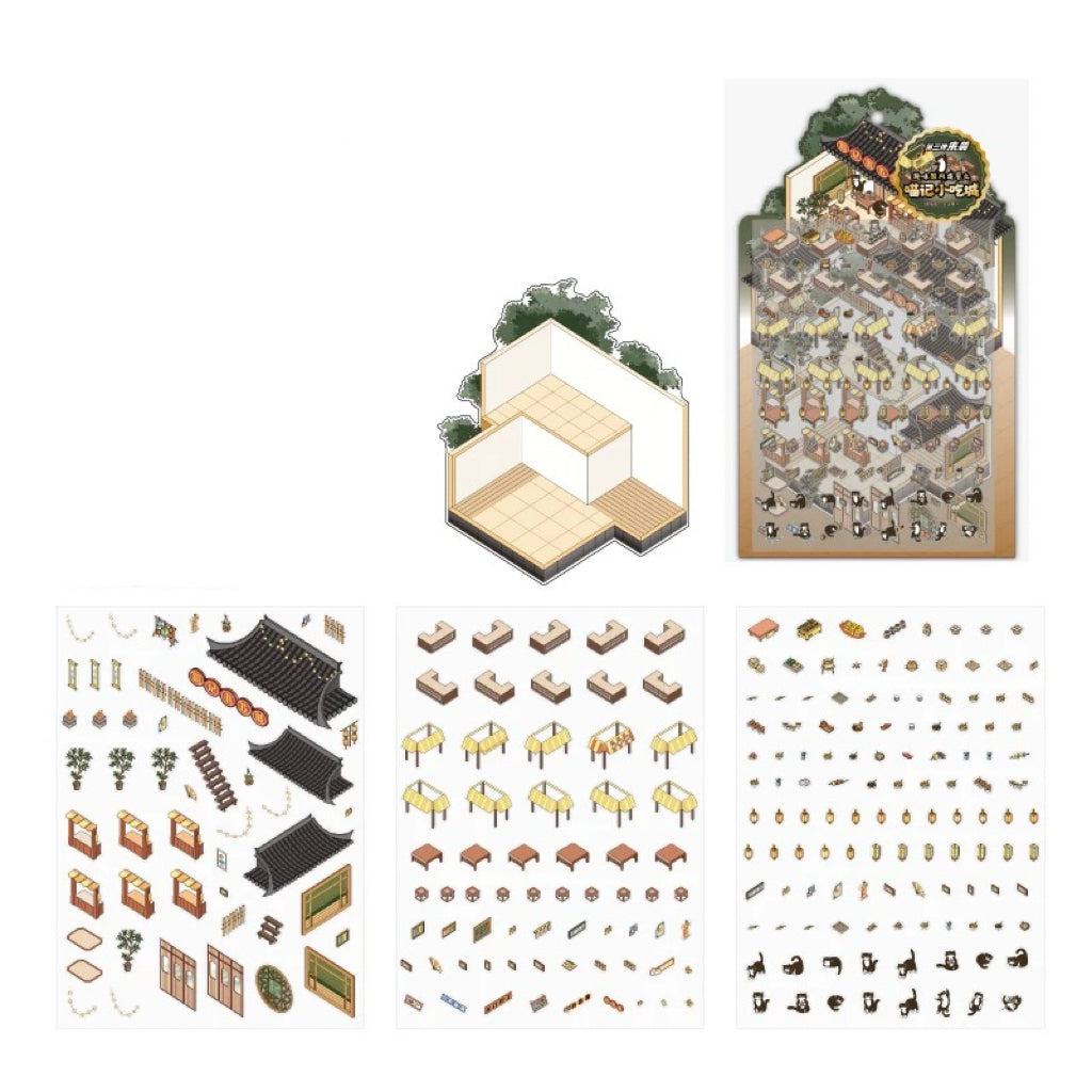 Panda Cat Chinese Architecture 3D Scene Sticker Sheet Big Size