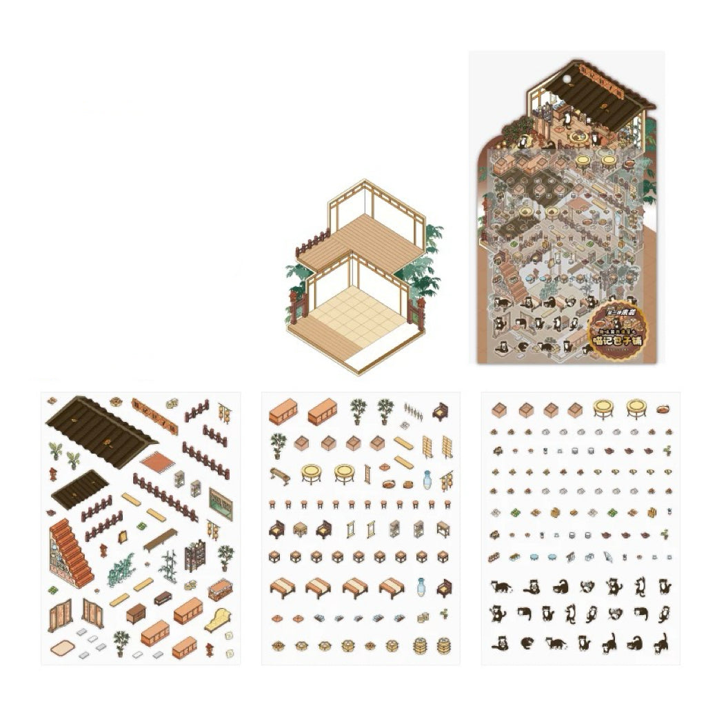 Panda Cat Chinese Architecture 3D Scene Sticker Sheet Big Size