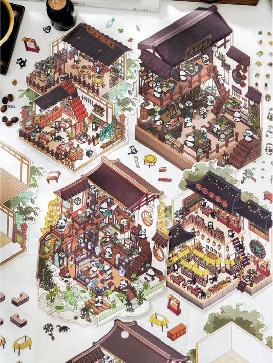 Panda Cat Chinese Architecture 3D Scene Sticker Sheet Big Size