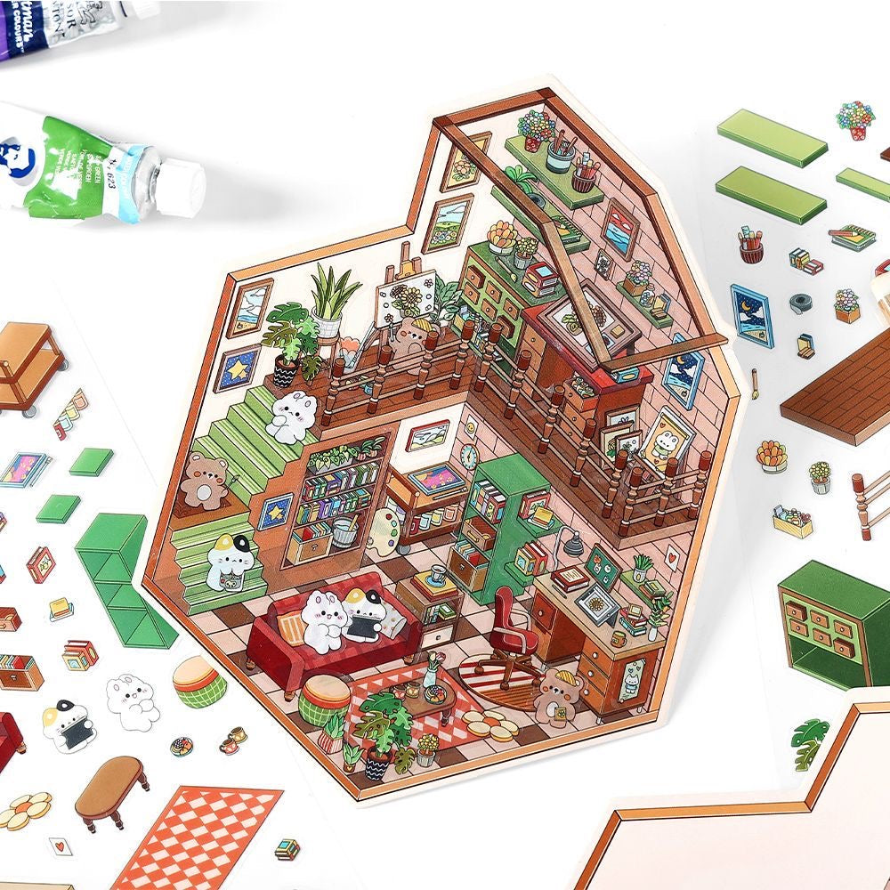 DIY 3D House Landscape Sticker Panda Hot Pot Chocolate Shop Candy House Toy Room