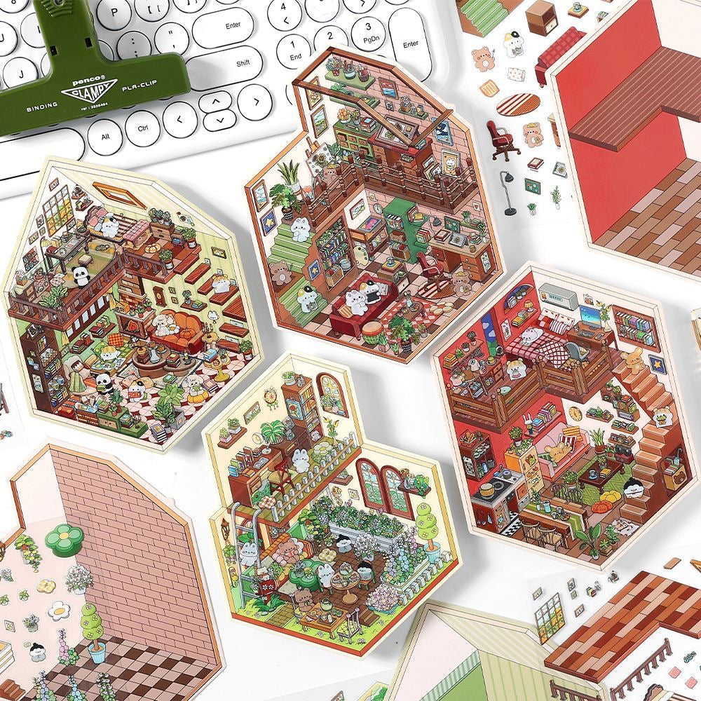 DIY 3D House Landscape Sticker Panda Hot Pot Chocolate Shop Candy House Toy Room