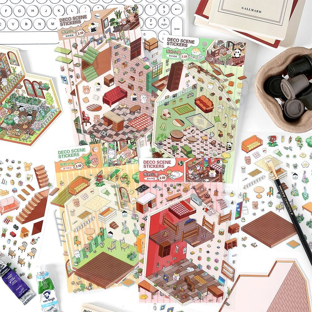 DIY 3D House Landscape Sticker Panda Hot Pot Chocolate Shop Candy House Toy Room