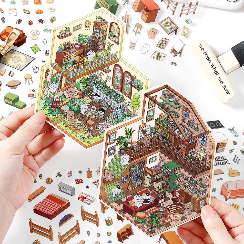 DIY 3D House Landscape Sticker Panda Hot Pot Chocolate Shop Candy House Toy Room
