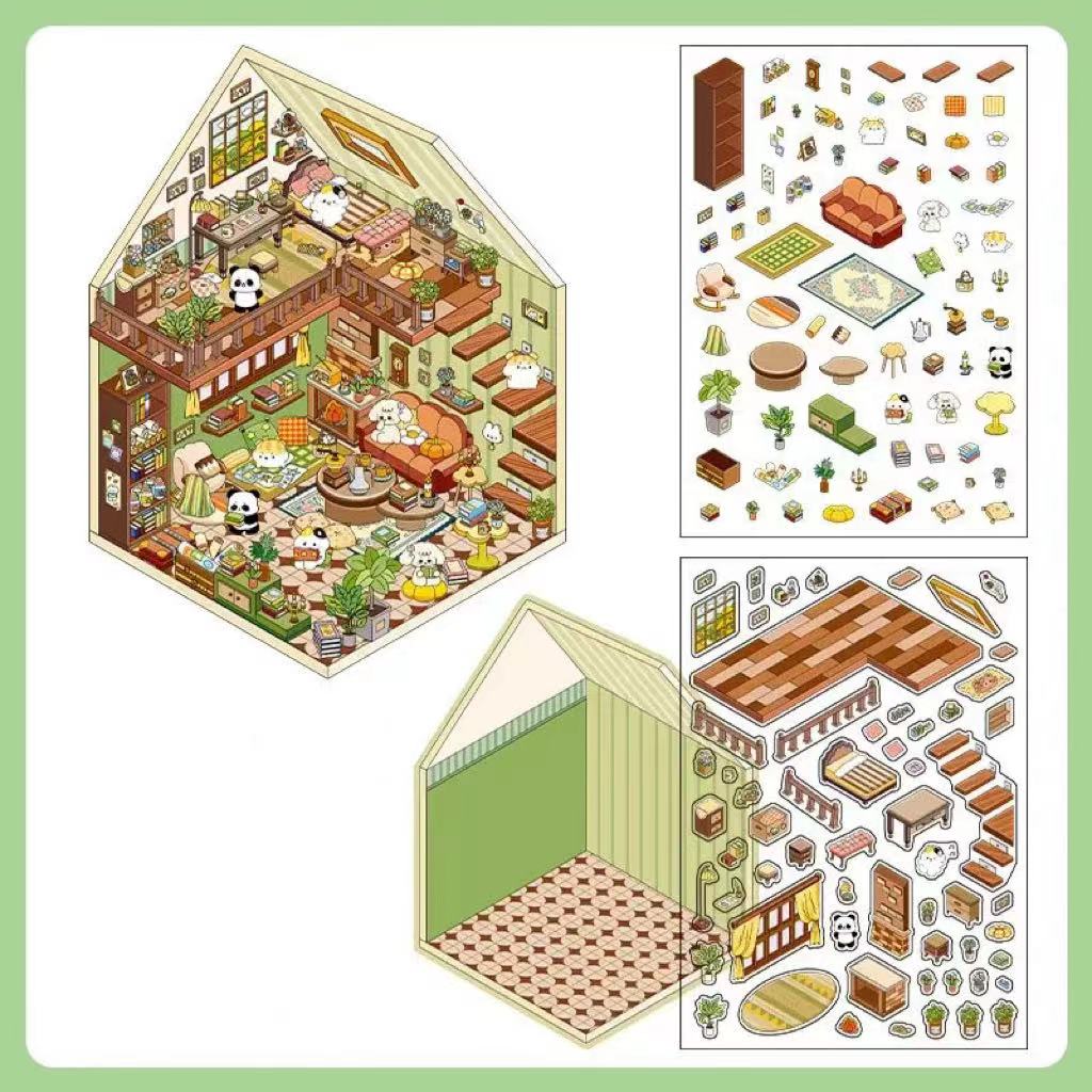 DIY 3D House Landscape Sticker Panda Hot Pot Chocolate Shop Candy House Toy Room