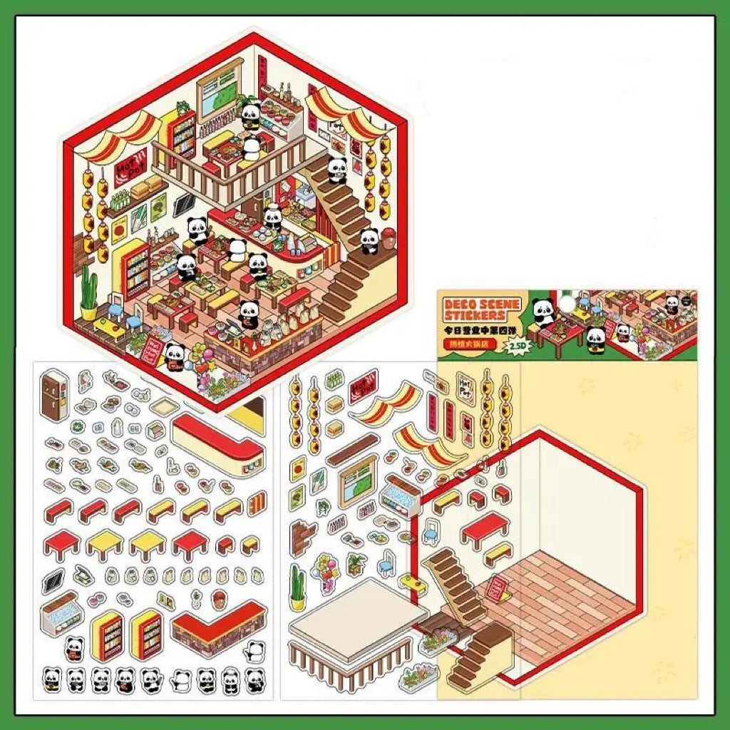 DIY 3D House Landscape Sticker Panda Hot Pot Chocolate Shop Candy House Toy Room