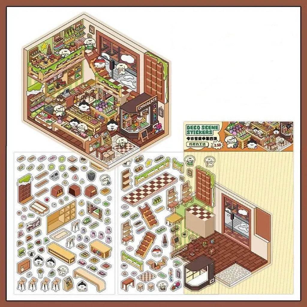 DIY 3D House Landscape Sticker Panda Hot Pot Chocolate Shop Candy House Toy Room