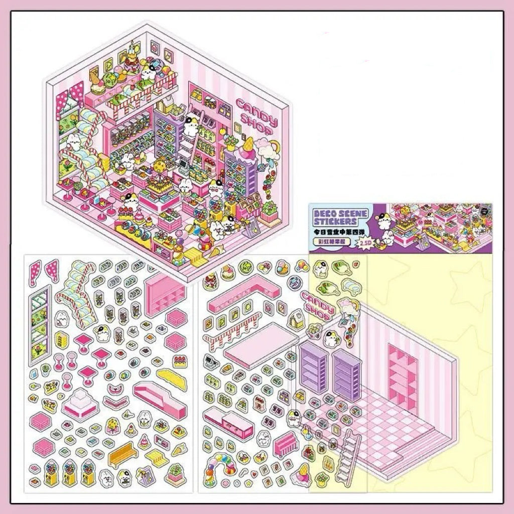 DIY 3D House Landscape Sticker Panda Hot Pot Chocolate Shop Candy House Toy Room