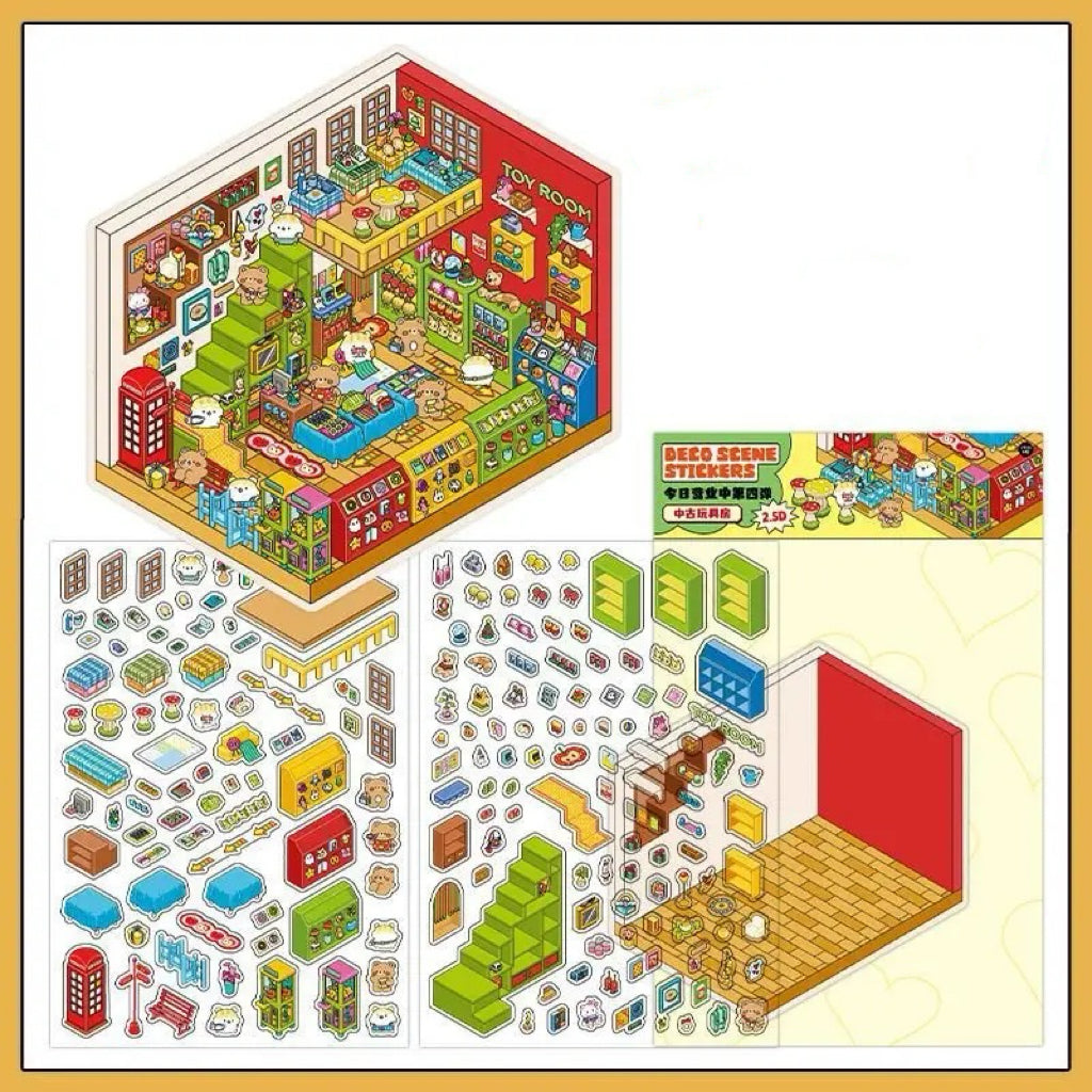 DIY 3D House Landscape Sticker Panda Hot Pot Chocolate Shop Candy House Toy Room