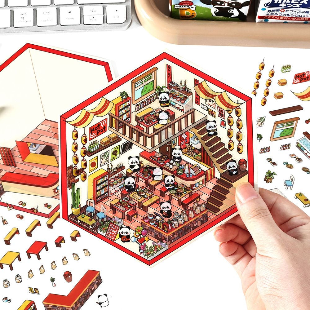 DIY 3D House Landscape Sticker Panda Hot Pot Chocolate Shop Candy House Toy Room