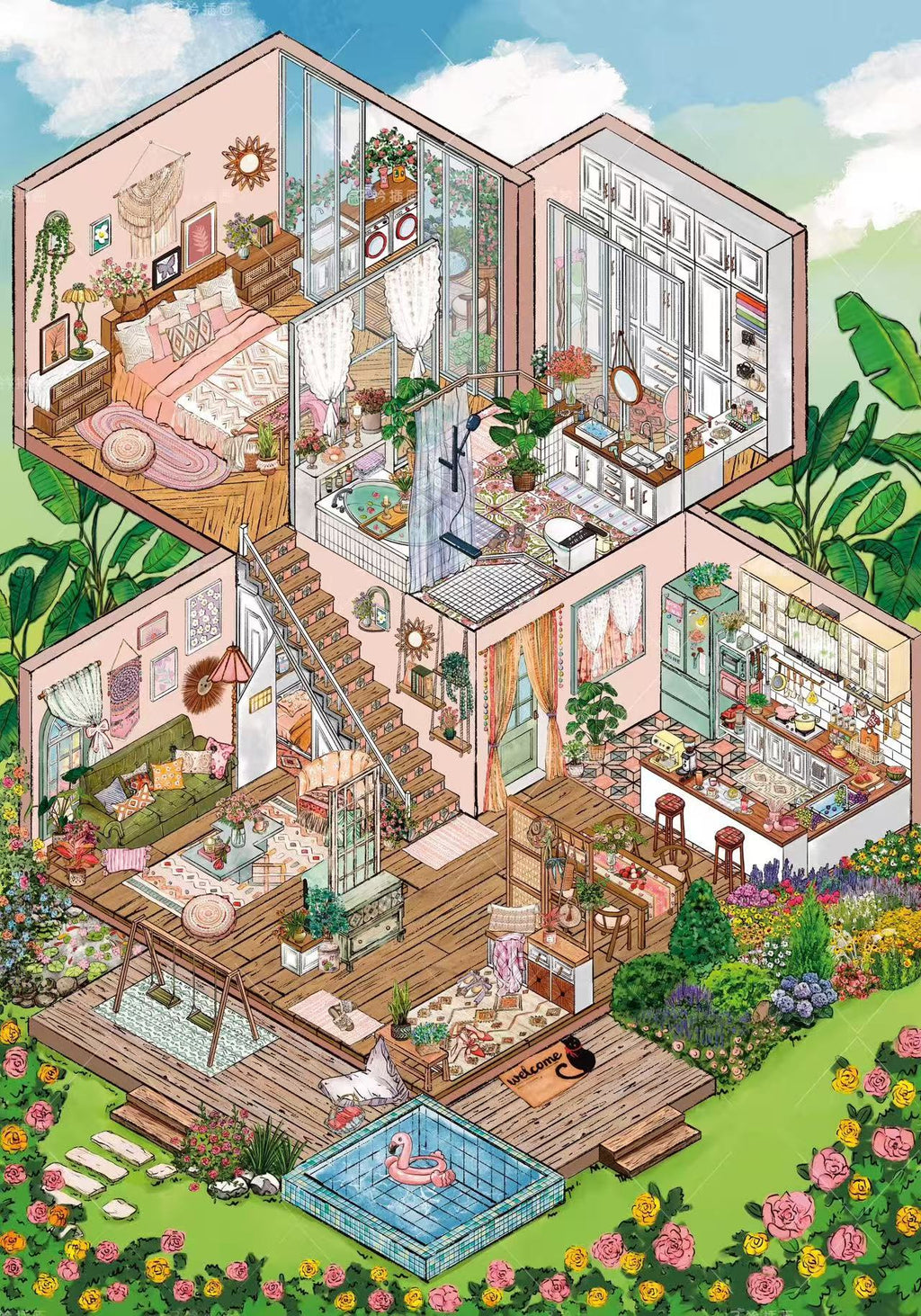 3D Scene Stickers Gourmet Feast Underwater Room Floral Whisper Villa