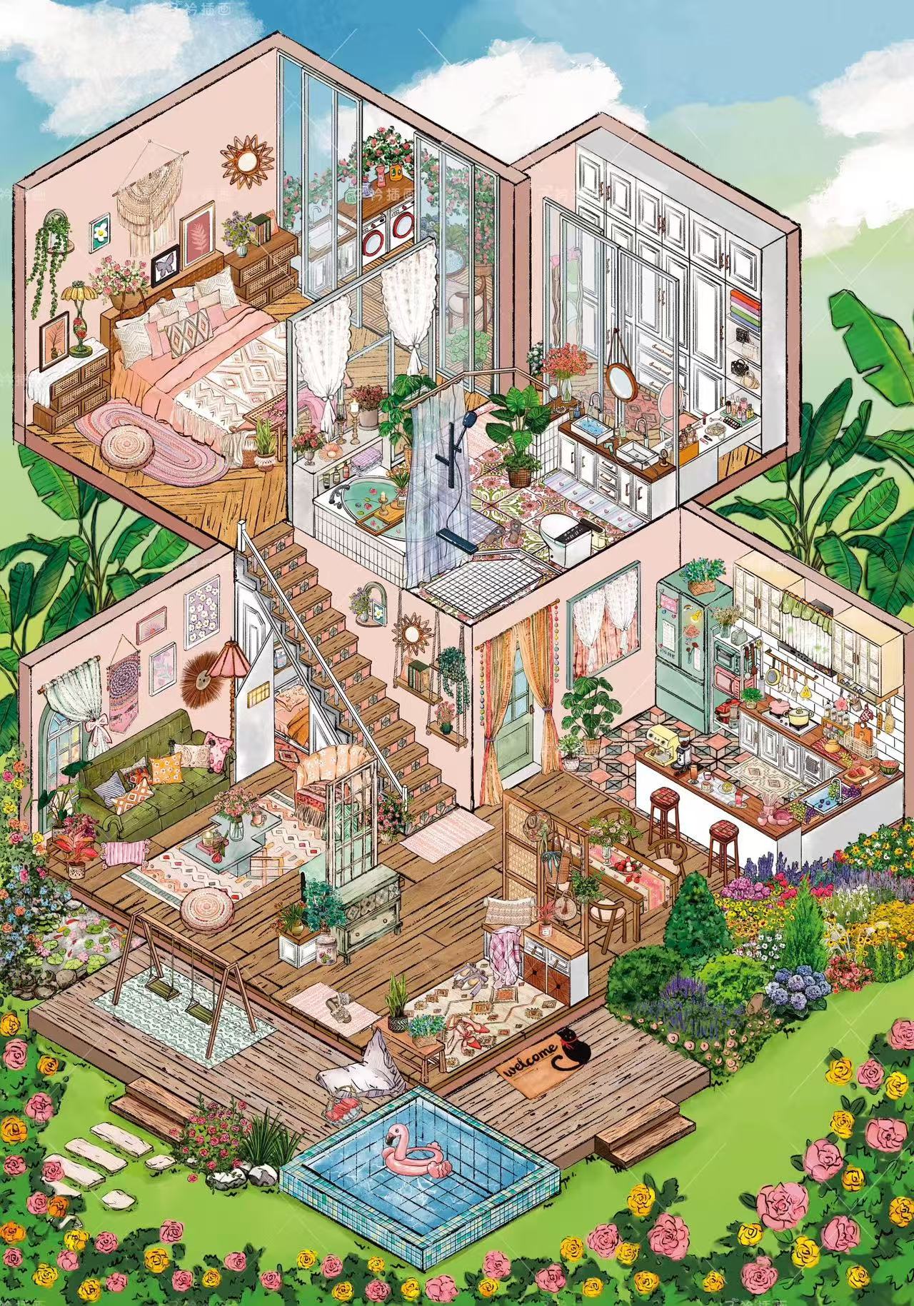 3D Scene Stickers Gourmet Feast Underwater Room Floral Whisper Villa