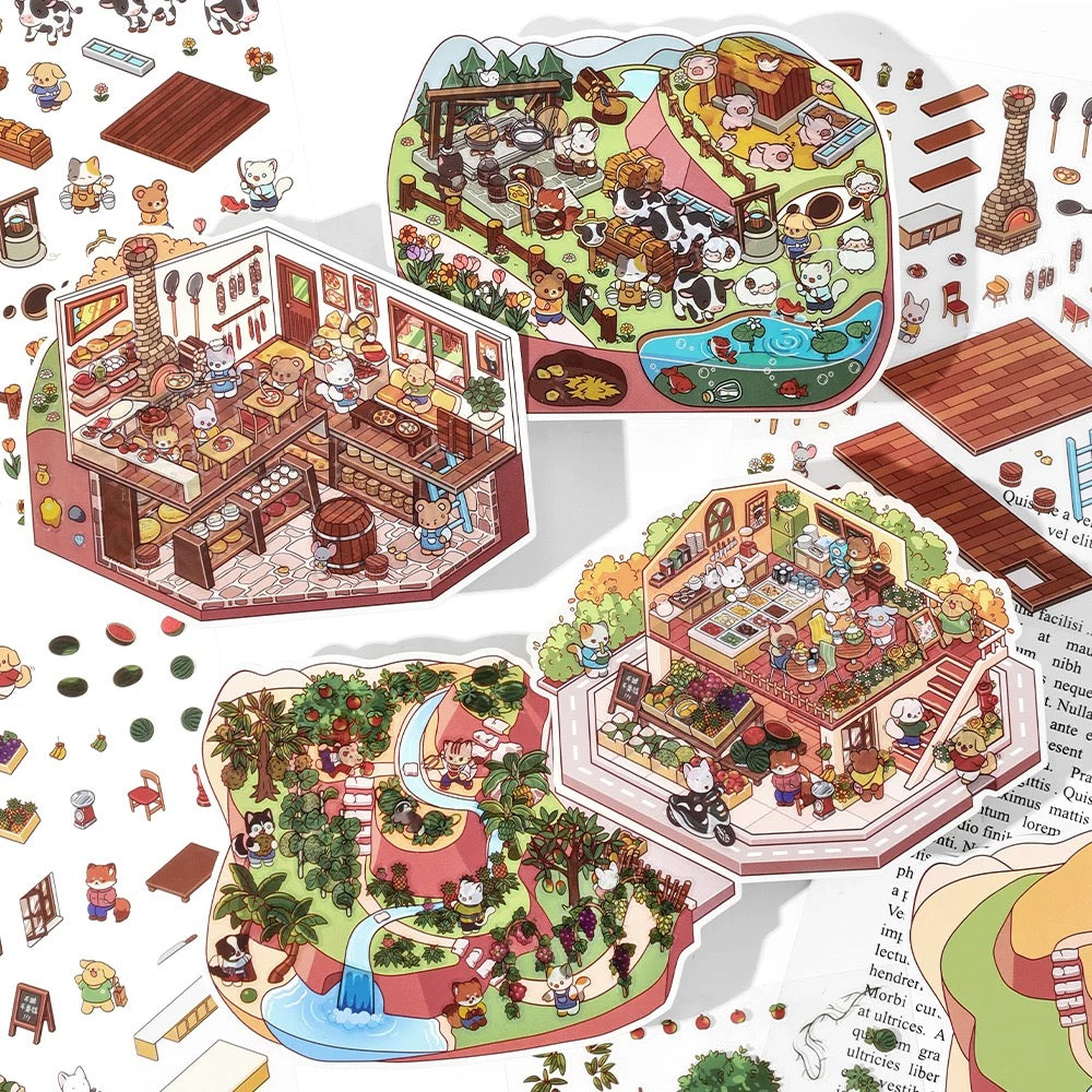 DIY Miniature Sticker Scene: Cheese Shop|Fruit Shop|Orchard|Pasture