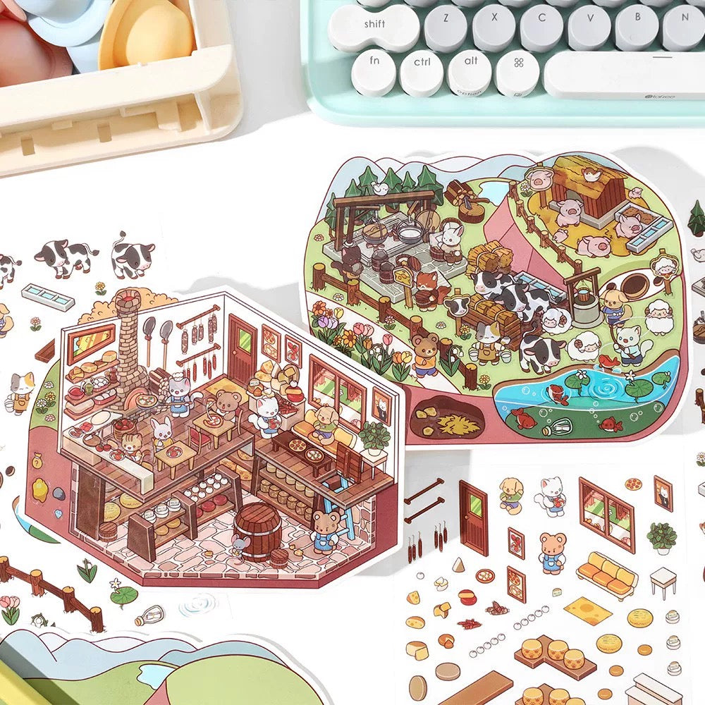 DIY Miniature Sticker Scene: Cheese Shop|Fruit Shop|Orchard|Pasture