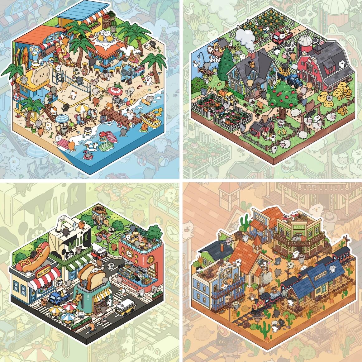 DIY Cute Cat 3D Sticker Scene: Japantwon Cat Farm Breakfast Street Western Town