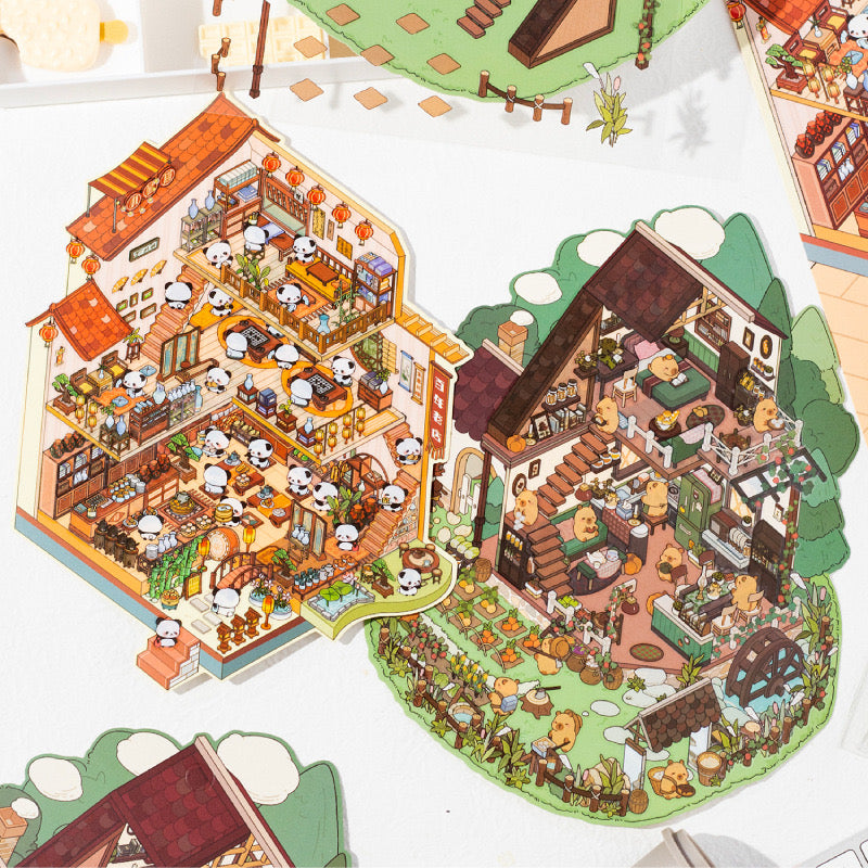 Big Size Capybara Farm Panda Restaurant 3D Miniature Scene Sticker