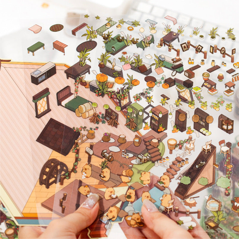 Big Size Capybara Farm Panda Restaurant 3D Miniature Scene Sticker