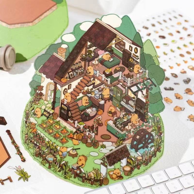 Big Size Capybara Farm Panda Restaurant 3D Miniature Scene Sticker