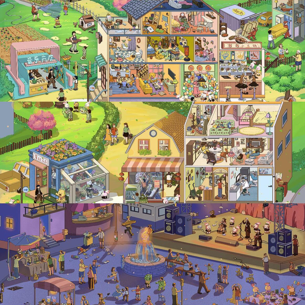A Day In Music Town Morning Midday Afternoon Night 3D Sticker Scene