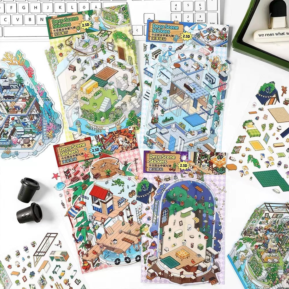 3D Sticker Scene, DIY Botanical Bistro Starlit Journey Deep Sea Station Seaside Market