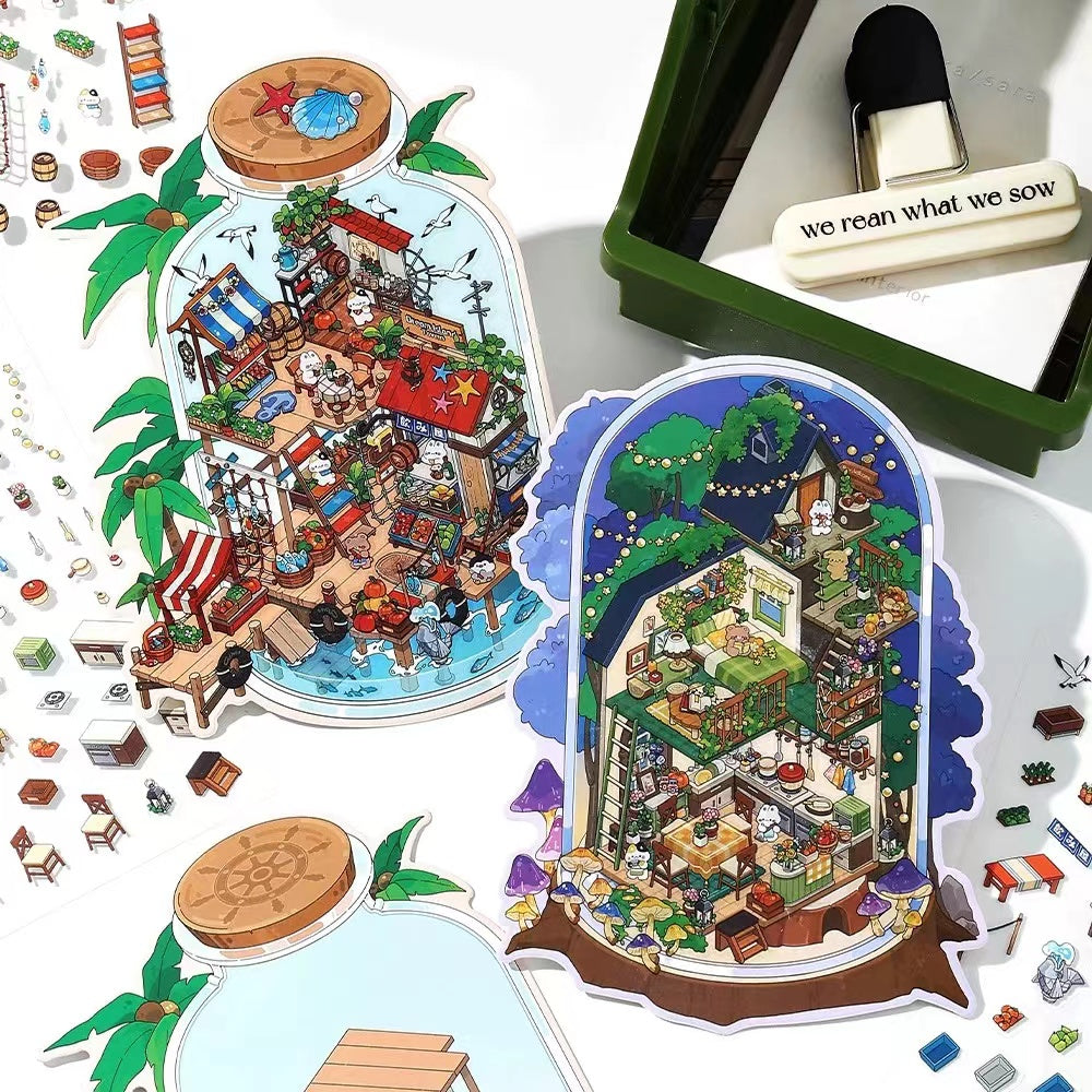 3D Sticker Scene, DIY Botanical Bistro Starlit Journey Deep Sea Station Seaside Market