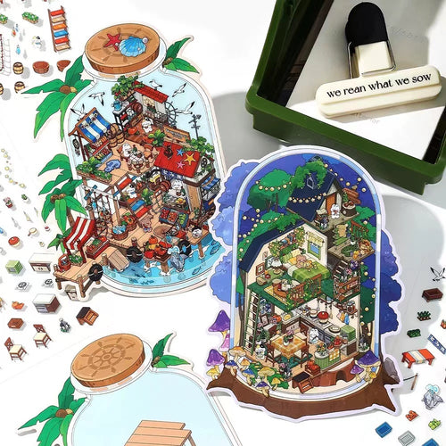 3D Sticker Scene, DIY Botanical Bistro Starlit Journey Deep Sea Station Seaside Market