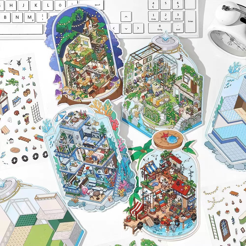 3D Sticker Scene, DIY Botanical Bistro Starlit Journey Deep Sea Station Seaside Market