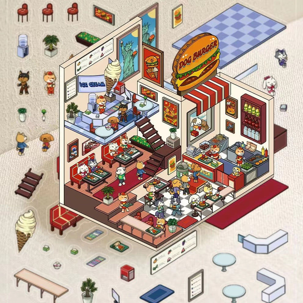 DIY Teacup World Panda Hot Springs Dog Burger Penguin Ice Cream 3D Sticker Scene