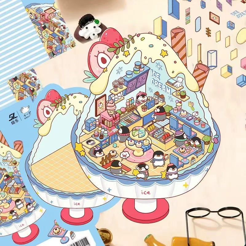 DIY Teacup World Panda Hot Springs Dog Burger Penguin Ice Cream 3D Sticker Scene