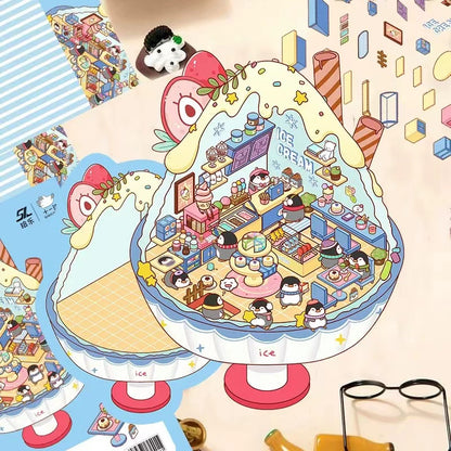 DIY Teacup World Panda Hot Springs Dog Burger Penguin Ice Cream 3D Sticker Scene
