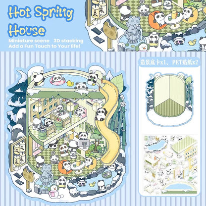 DIY Teacup World Panda Hot Springs Dog Burger Penguin Ice Cream 3D Sticker Scene