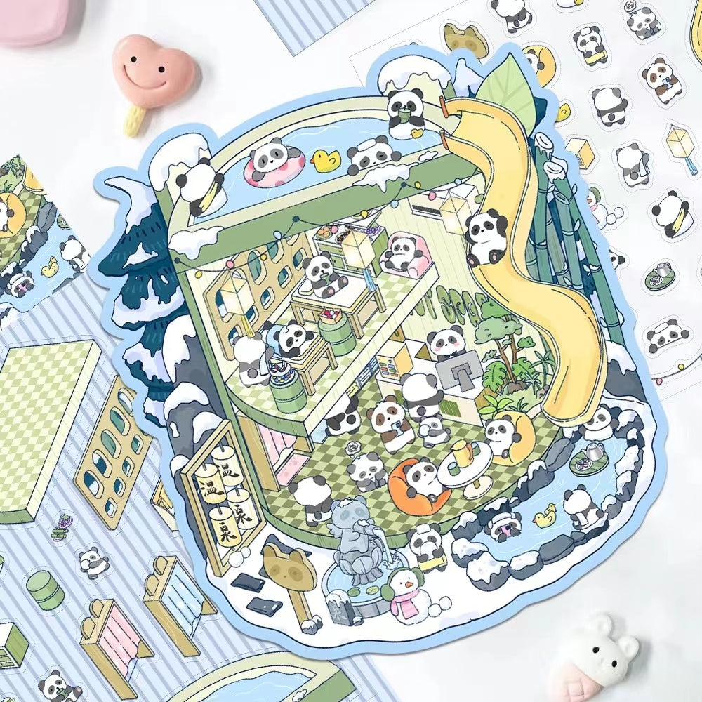 DIY Teacup World Panda Hot Springs Dog Burger Penguin Ice Cream 3D Sticker Scene