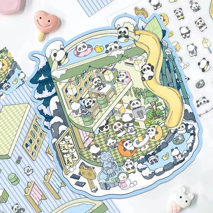 DIY Teacup World Panda Hot Springs Dog Burger Penguin Ice Cream 3D Sticker Scene