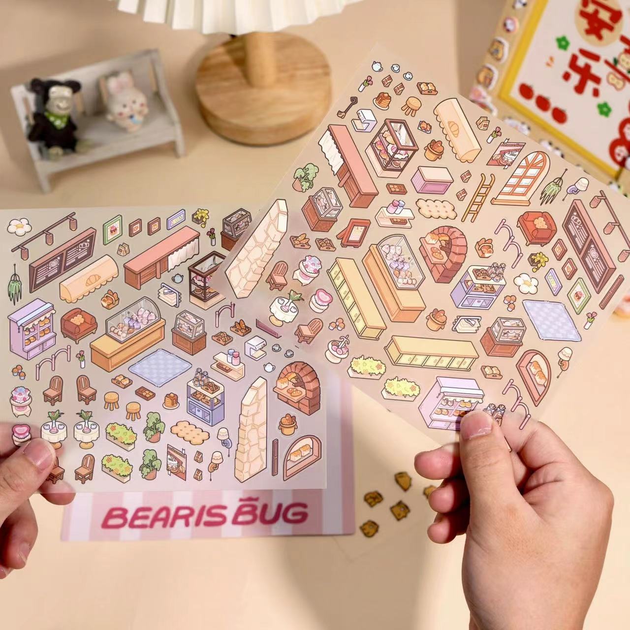DIY Bear House Work Day Dessert Camping 3D Miniature Sticker Scene