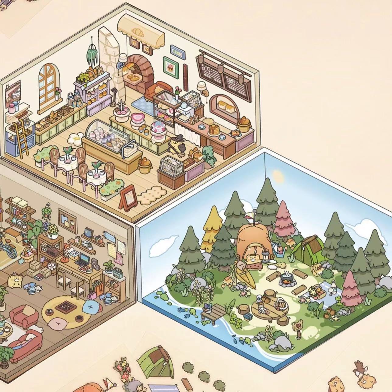 DIY Bear House Work Day Dessert Camping 3D Miniature Sticker Scene