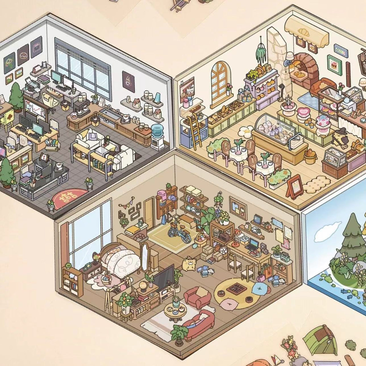 DIY Bear House Work Day Dessert Camping 3D Miniature Scene Magnetic Sticker