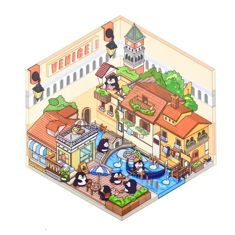 Penguins on Journey, DIY Eiffel Tower Leaning Tower of Pisa Pyramids of Egypt Venice