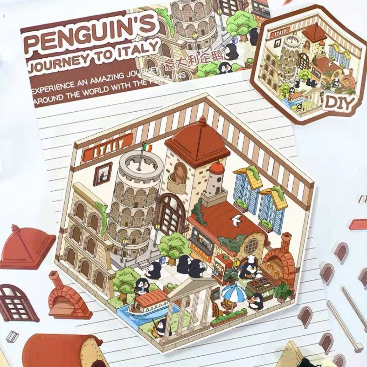 Penguins on Journey, DIY Eiffel Tower Leaning Tower of Pisa Pyramids of Egypt Venice