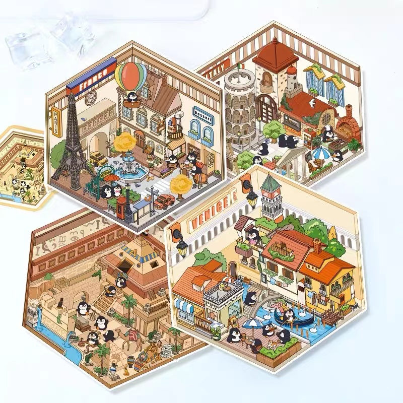 Penguins on Journey, DIY Eiffel Tower Leaning Tower of Pisa Pyramids of Egypt Venice