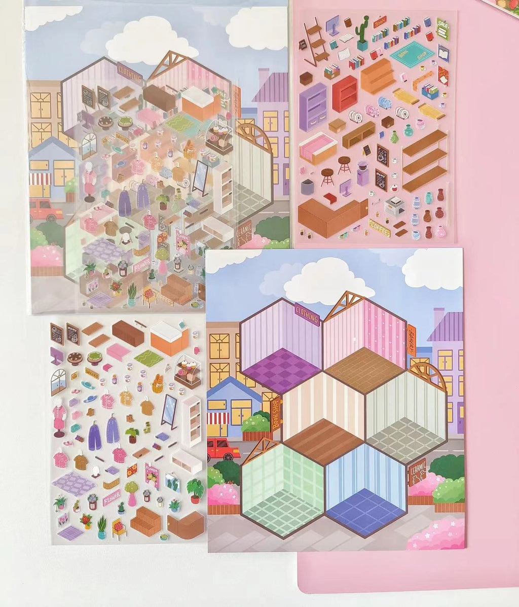 3D Sticker Scene: DIY Little Black Cat Home Cat Shop Cat School