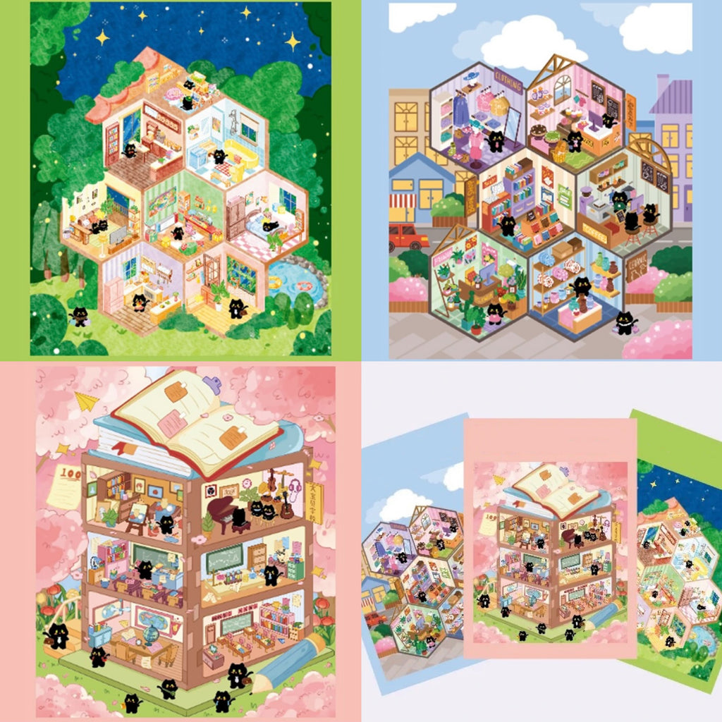 3D Sticker Scene: DIY Little Black Cat Home Cat Shop Cat School